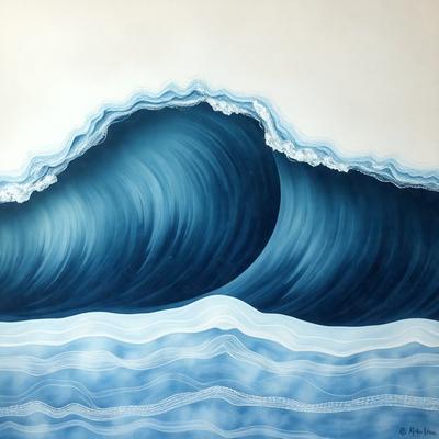 The primary subject of the image is a large wave in the ocean. The wave is depicted in a painting or drawing, with a blue and white color scheme. The setting is the ocean, and the visual style is artistic, showcasing the beauty of the wave. The overall atmosphere is dynamic and captivating, as the wave appears to be crashing onto the shore.